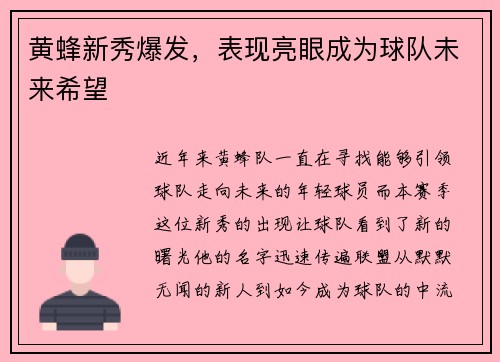 黄蜂新秀爆发，表现亮眼成为球队未来希望
