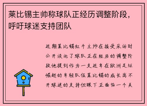 莱比锡主帅称球队正经历调整阶段，呼吁球迷支持团队