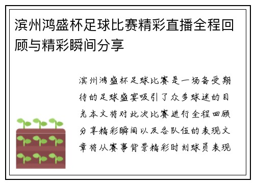 滨州鸿盛杯足球比赛精彩直播全程回顾与精彩瞬间分享
